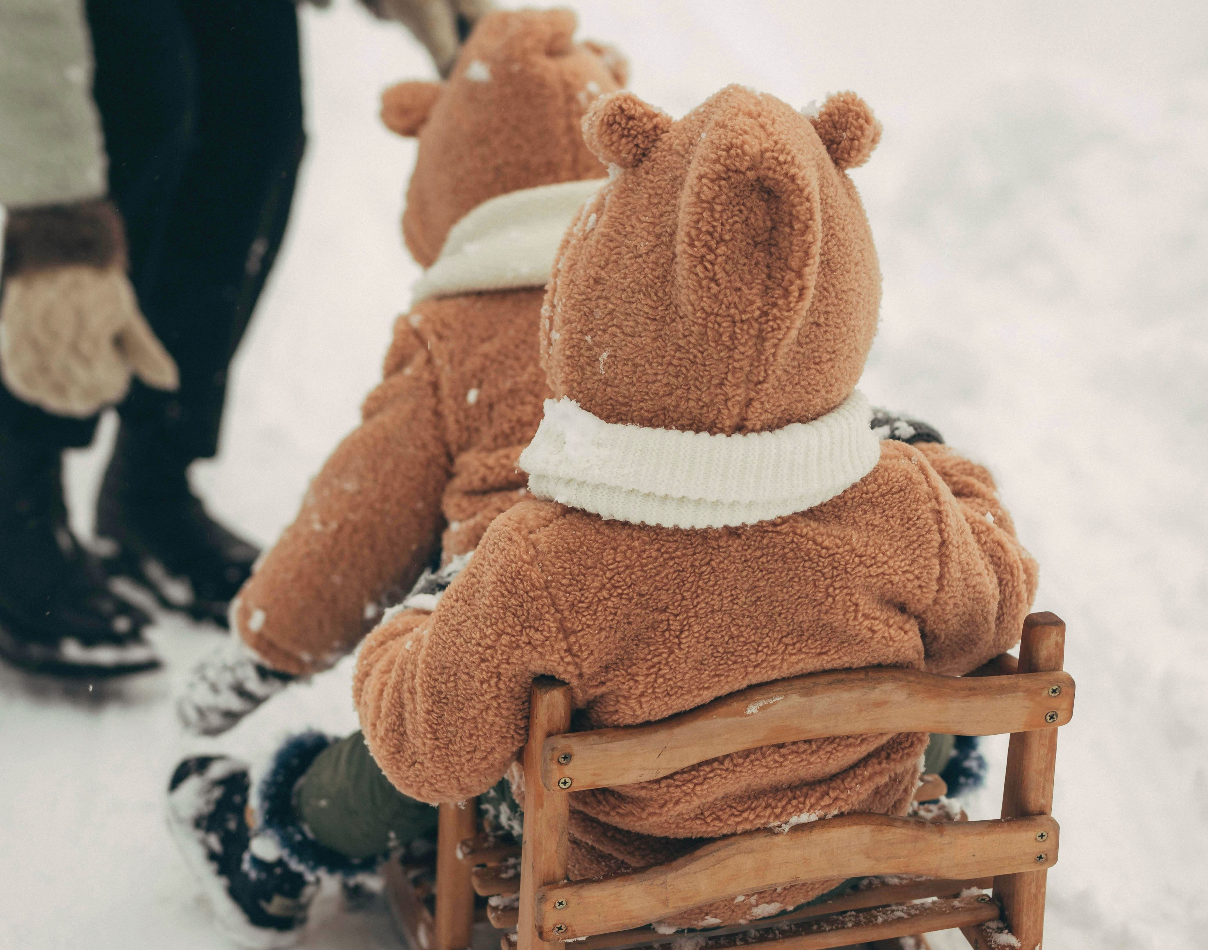 Kaksi lasta istuu yhden takana pulkassa talvisessa lumisessa ympäristössä, lapsilla on karvakuoriset takit, joissa on korvat, ja valkoiset kaulahuivit.